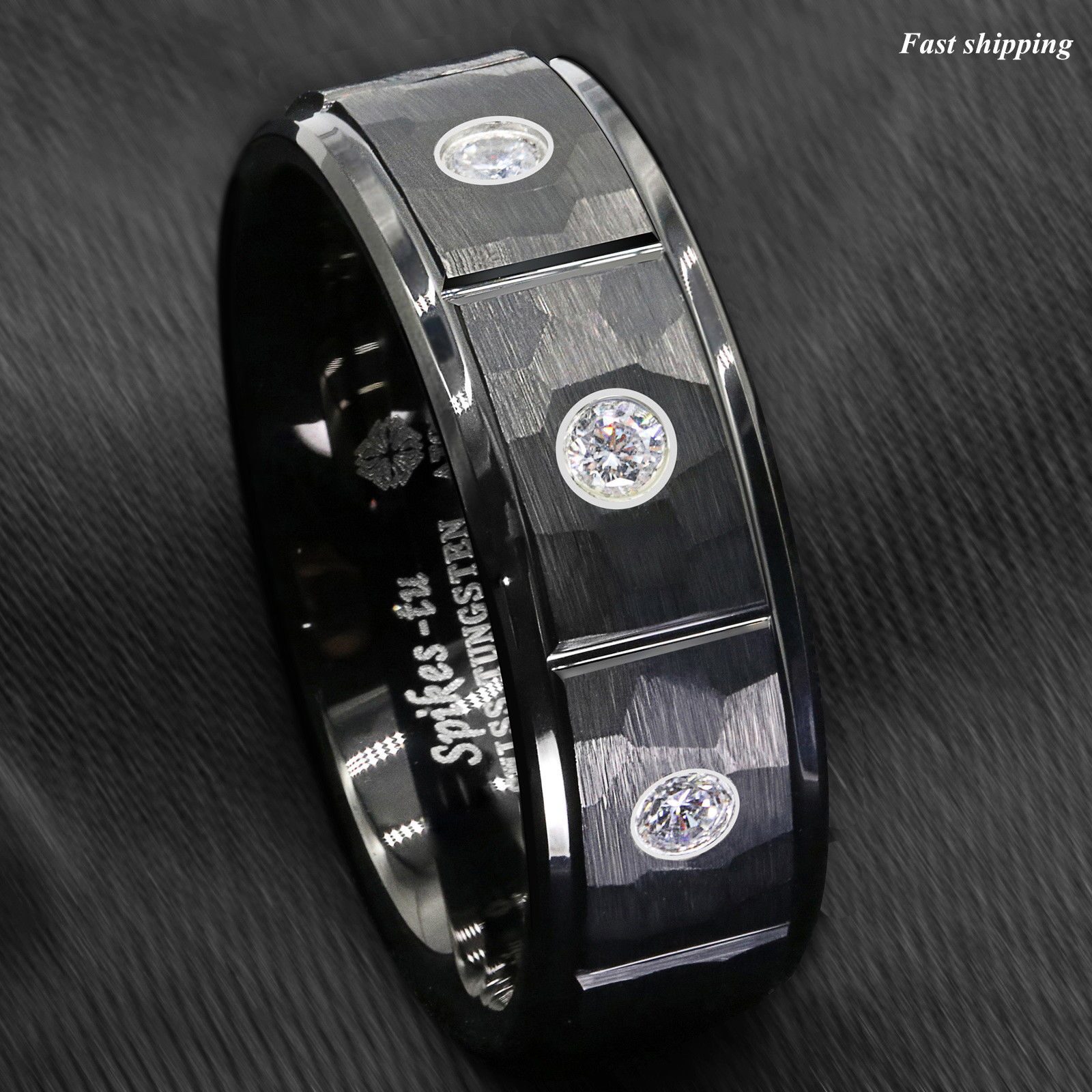 

8mm Black Brushed Rock Skin Tungsten Ring 3 Diamonds Inlay ATOP Men Bridal Band
