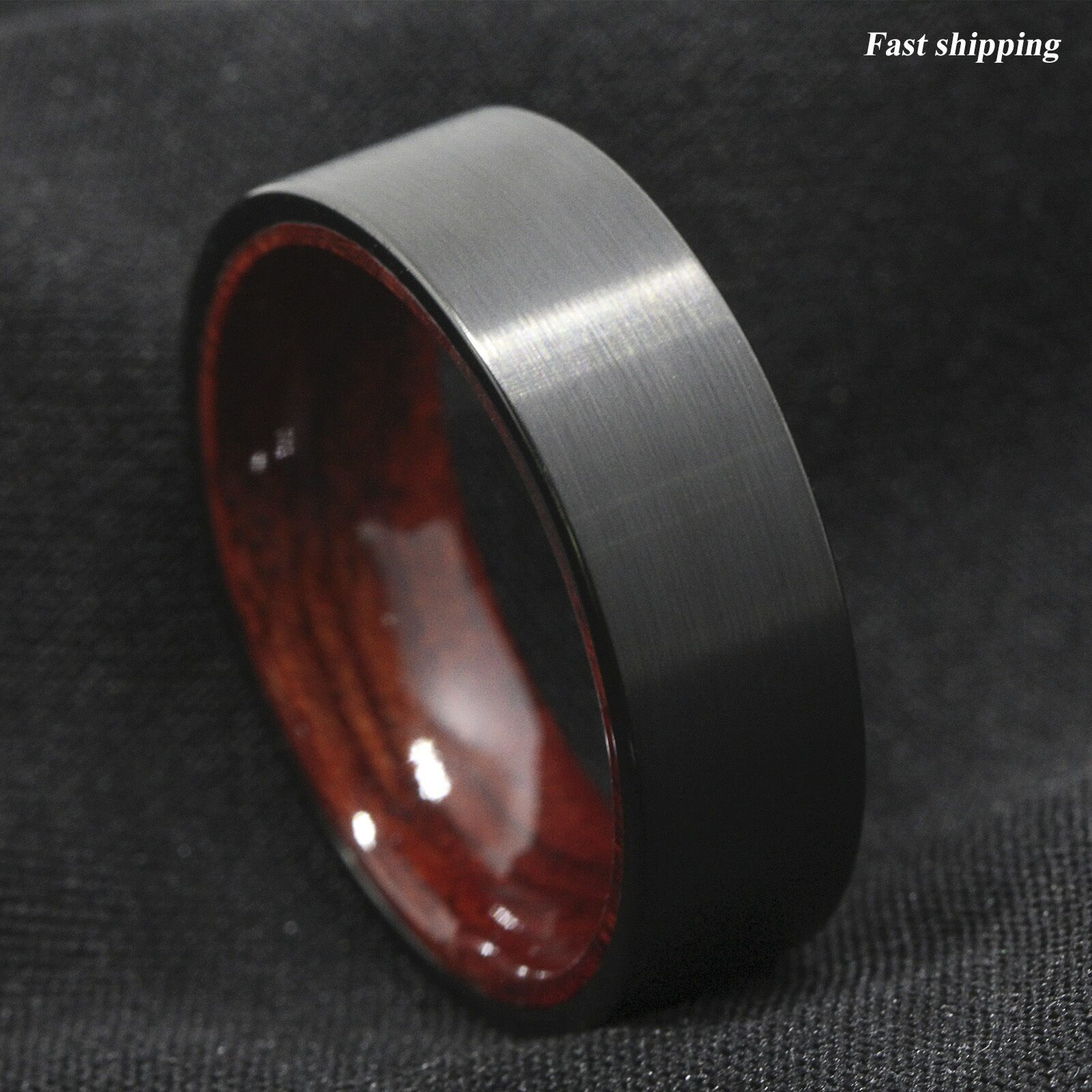 

8mm Black Brushed Tungsten Red Sandal Wood Inlay Wedding Band Ring Men s Jewelry