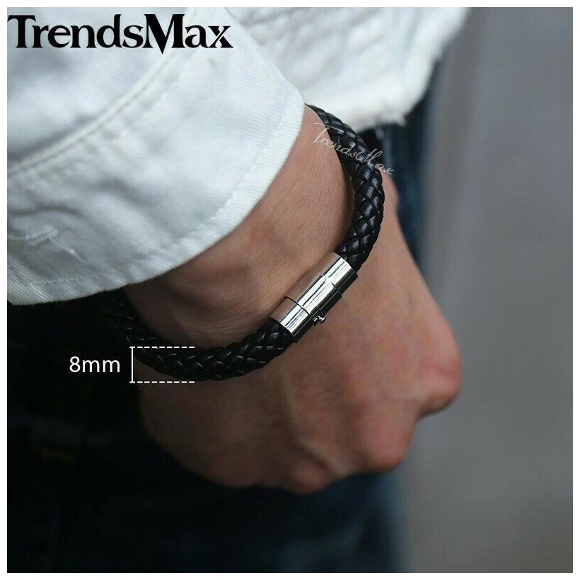 

8mm Black Braided Cord Rope Leather Bracelet Unisex Men Magnetic Buckle
