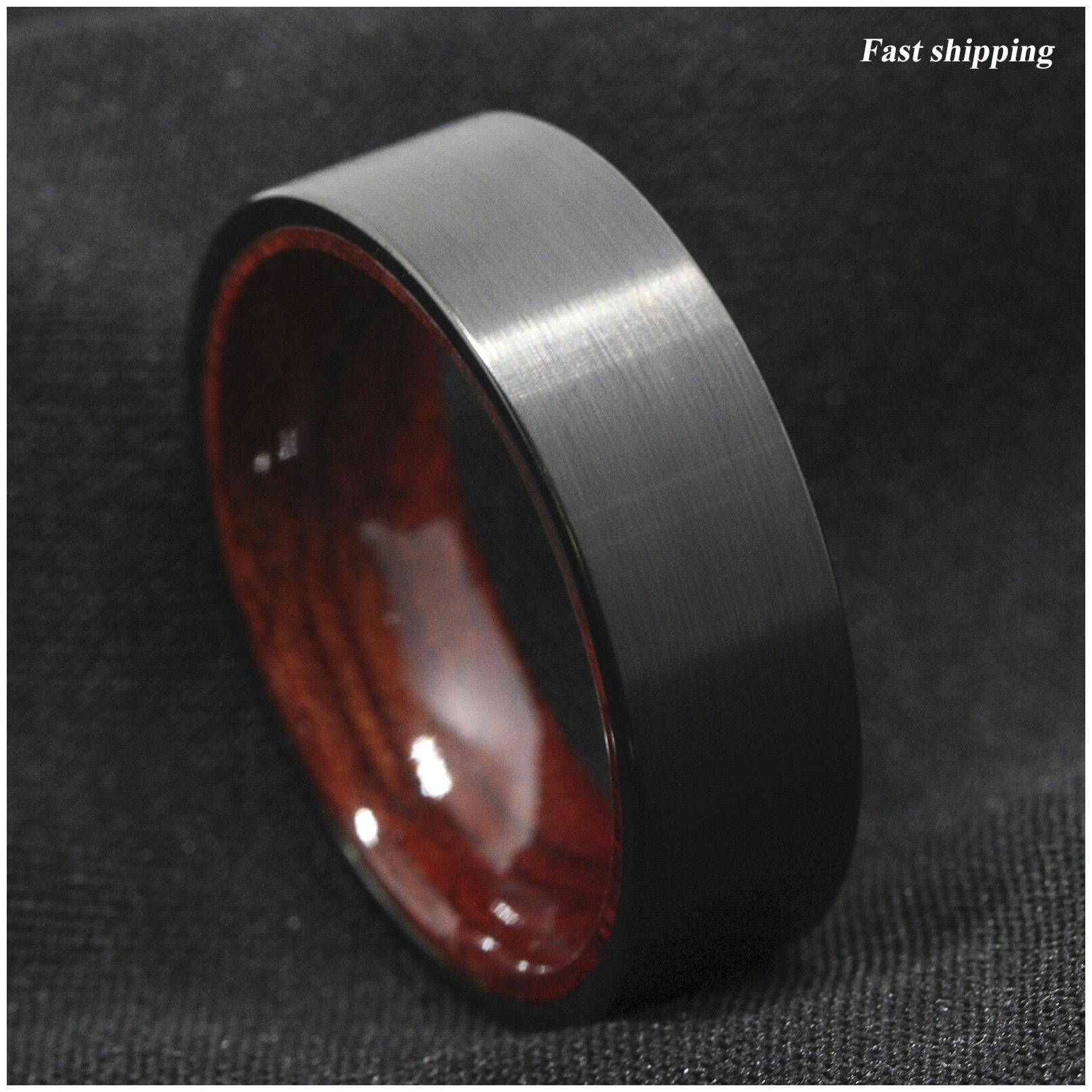 

8mm Black Brushed Tungsten Red Sandal Wood Inlay Wedding Band Ring Men s Jewelry