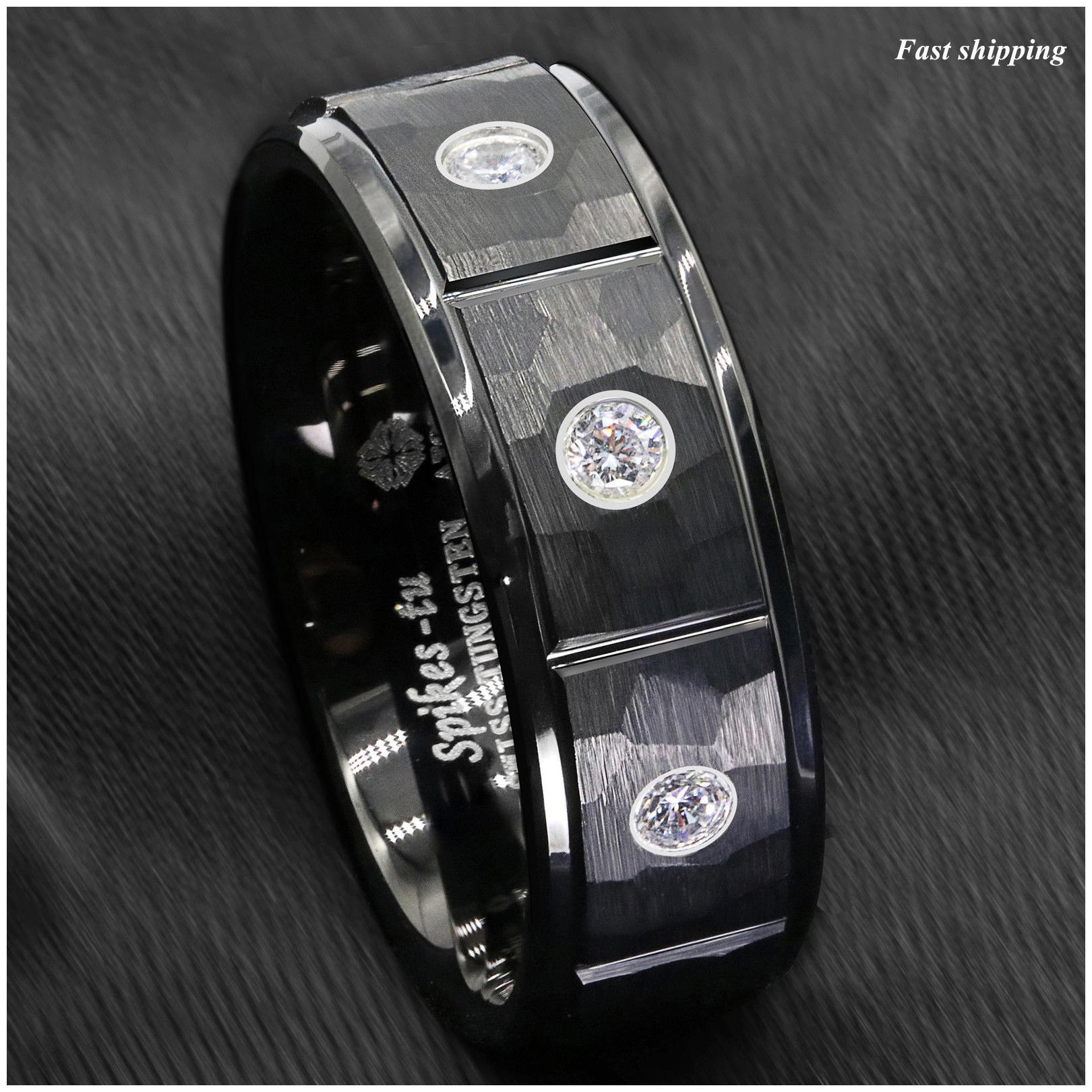 

8mm Black Brushed Rock Skin Tungsten Ring 3 Diamonds Inlay ATOP Men Bridal Band