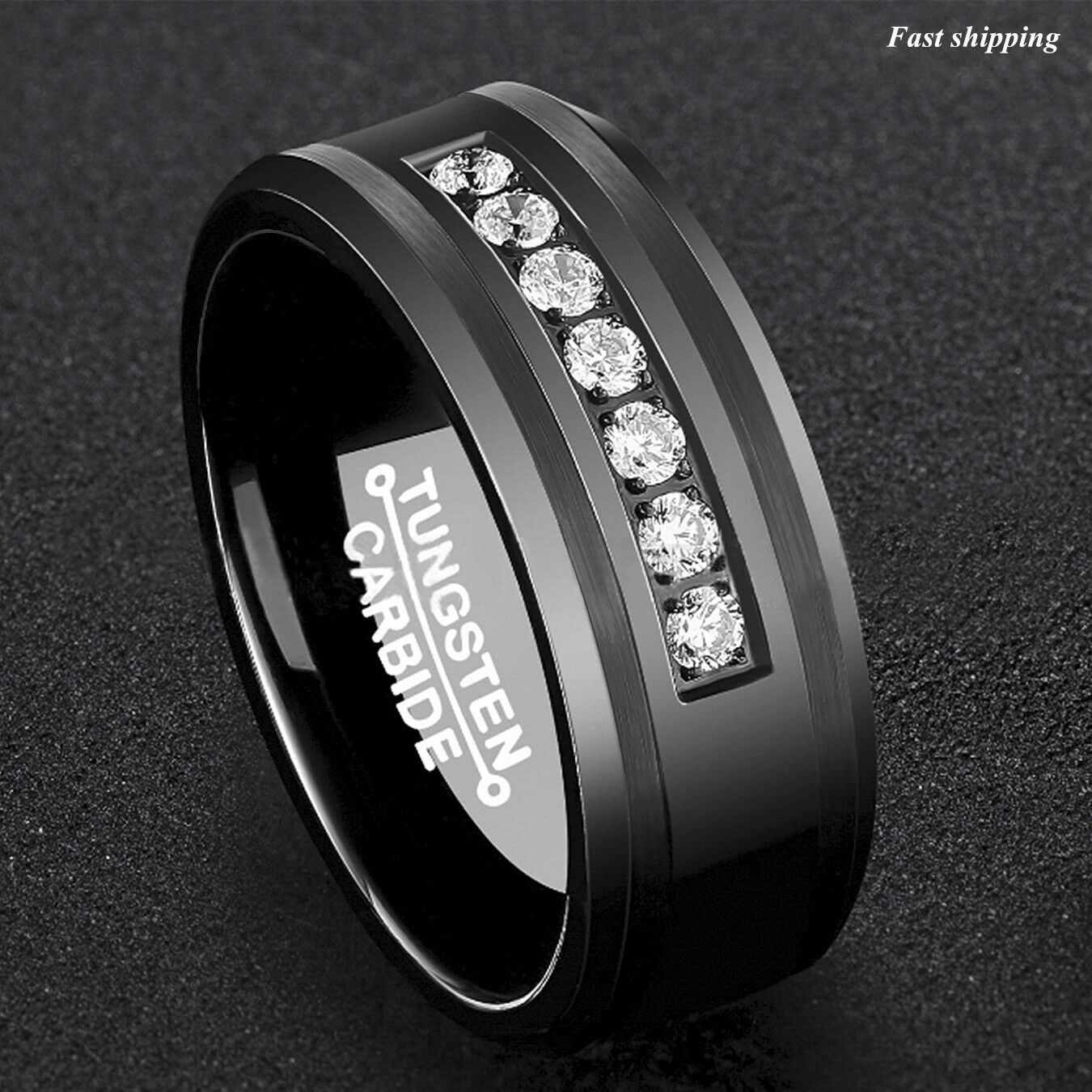 

8Mm Black Tungsten Carbide Ring Diamonds Inlay Comfort Fit ATOP MEN Wedding Band