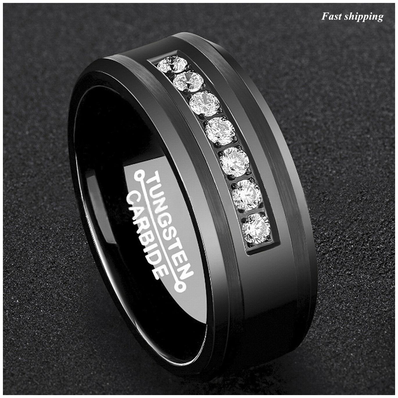 

8Mm Black Tungsten Carbide Ring Diamonds Inlay Comfort Fit ATOP MEN Wedding Band