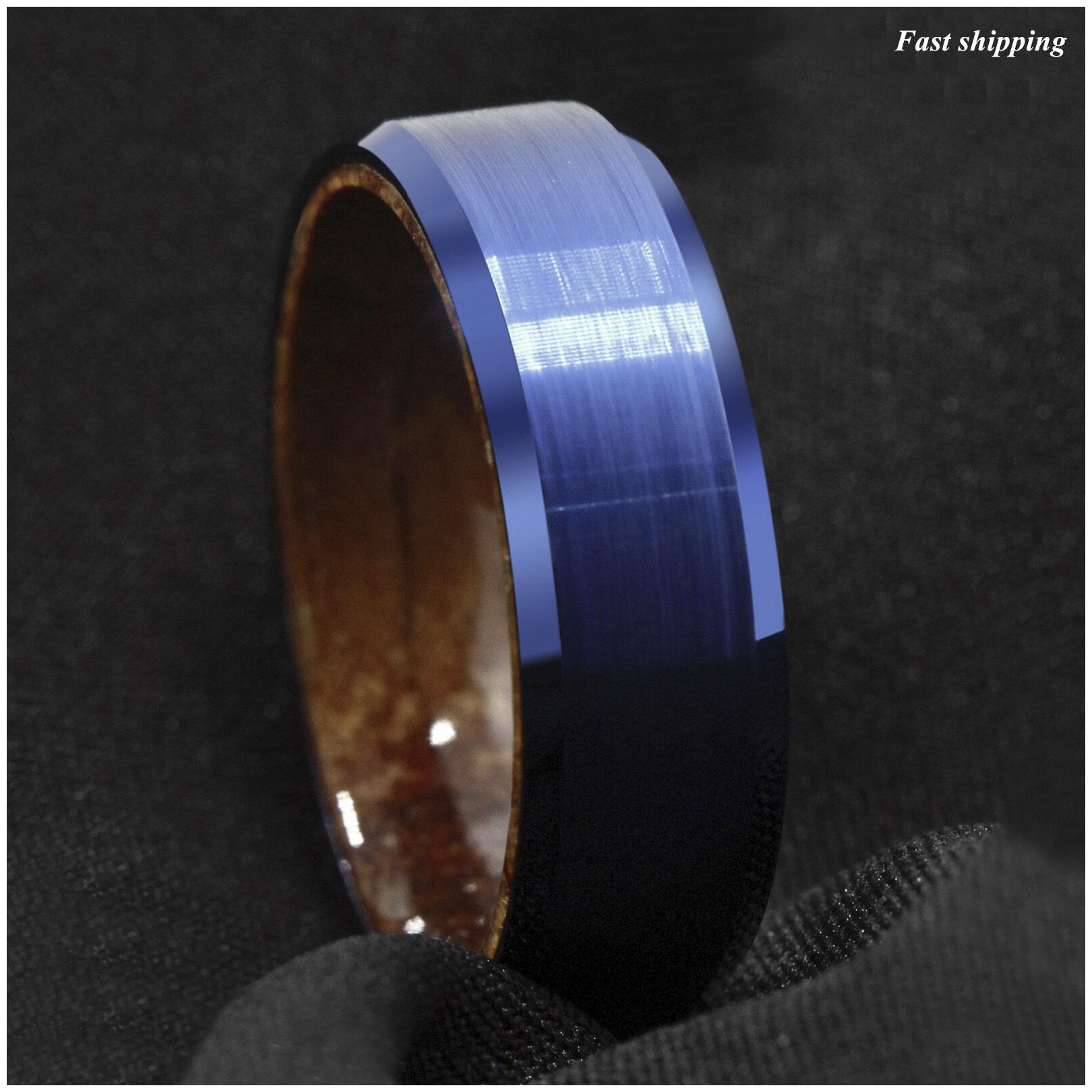 

8mm Blue Brushed Tungsten Red Sandal Wood Inlay Wedding Band Ring Men s Jewelry