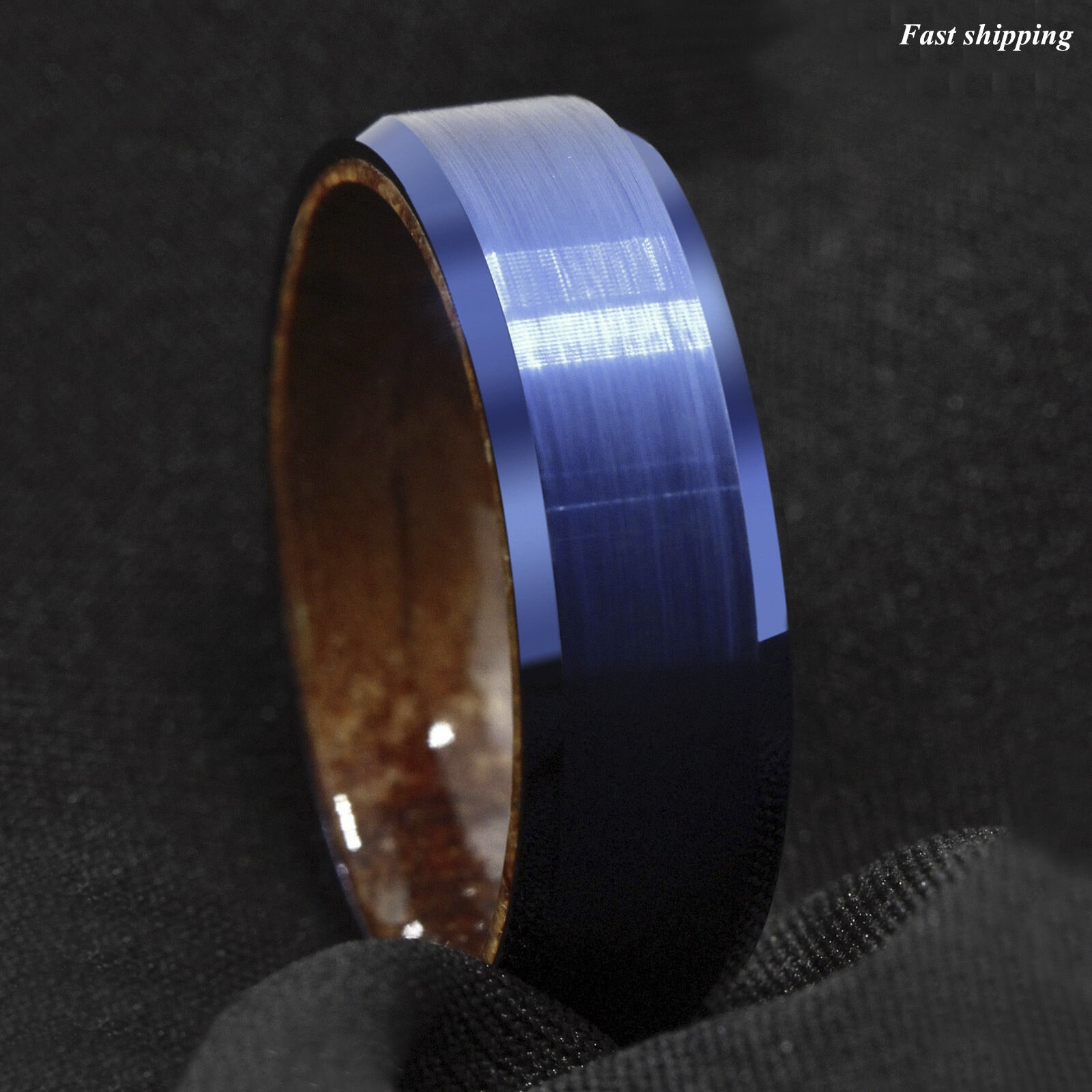 

8mm Blue Brushed Tungsten Red Sandal Wood Inlay Wedding Band Ring Men s Jewelry