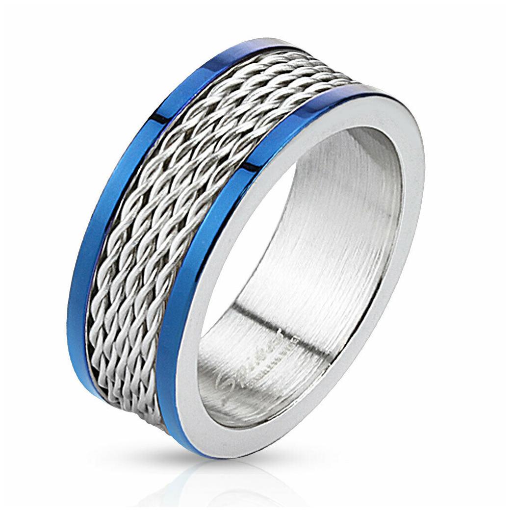 

8mm Multi Wire Inlay Stainless Steel Band Ring with Blue IP Edge Men s Band
