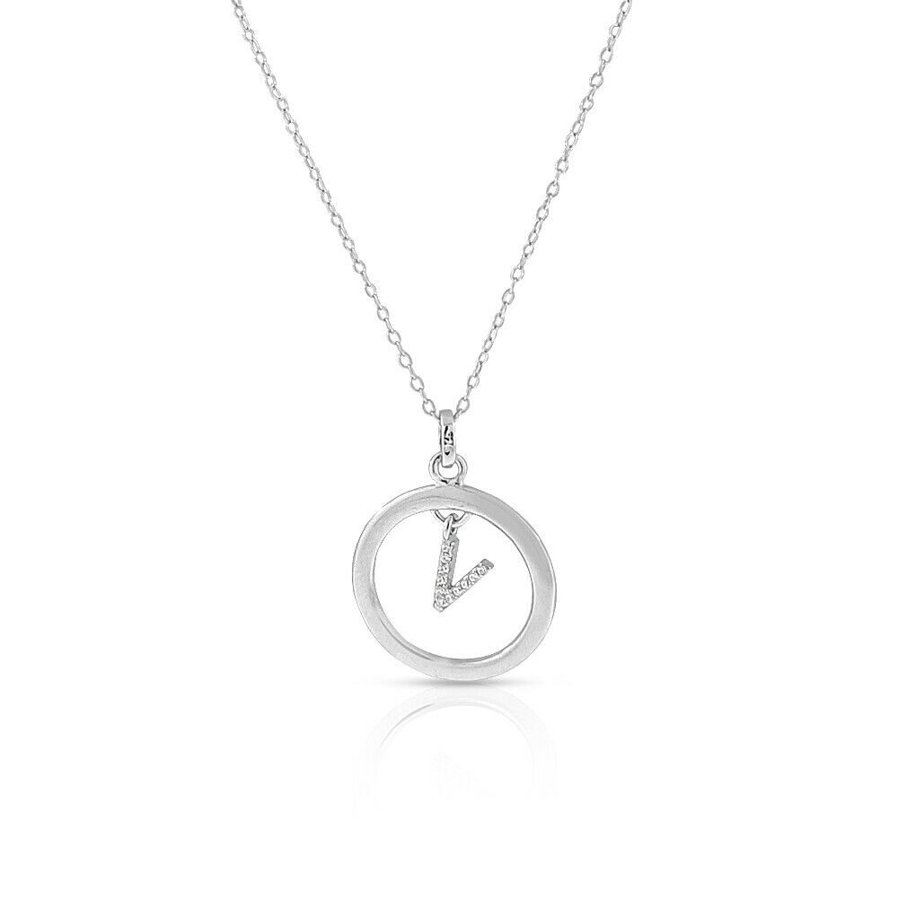 

925 Sterling Silver Clear CZ Circle Letter Initial Pendant Necklace 18 - V