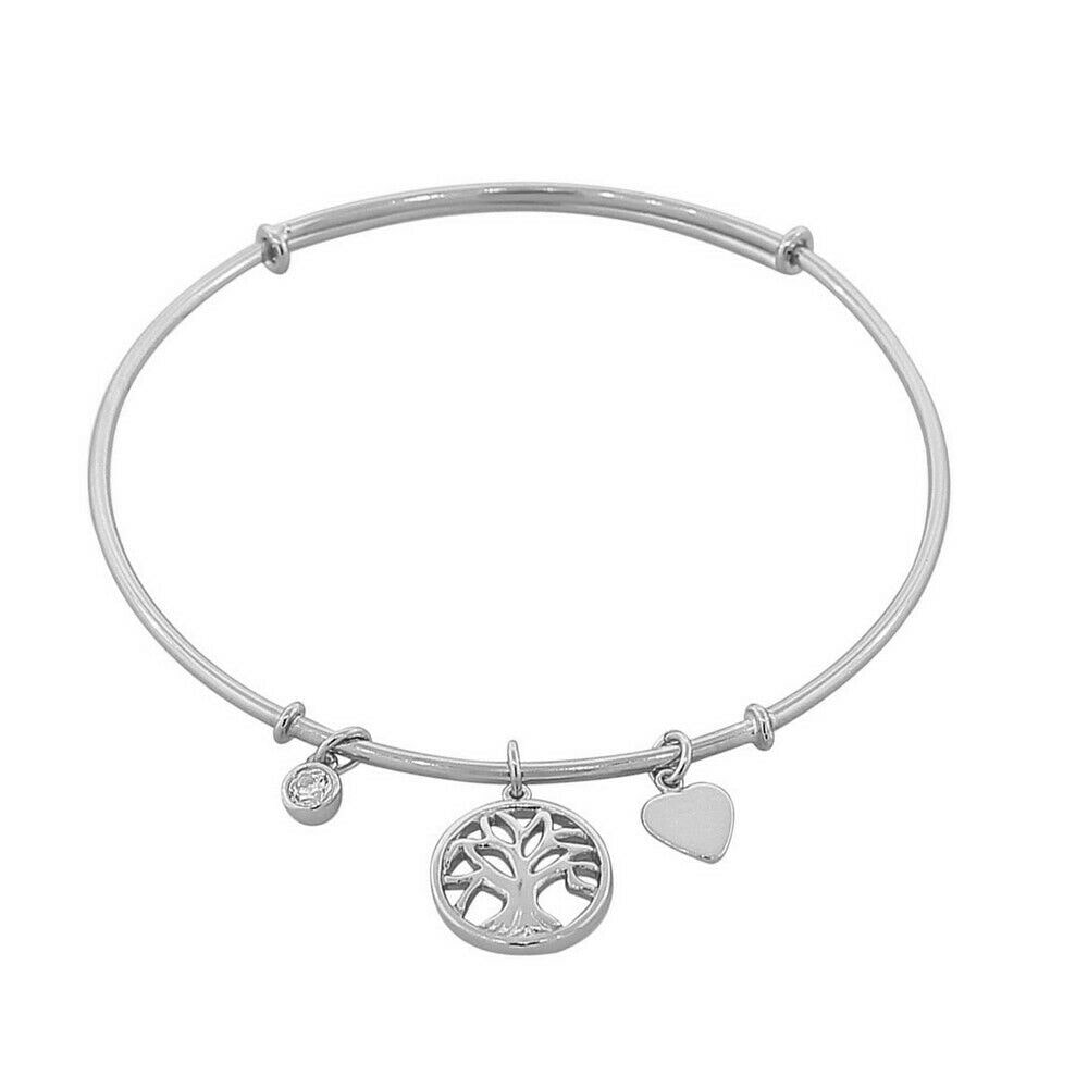 

925 Sterling Silver Tree of Life Love Heart Bangle Bracelet with Clasp
