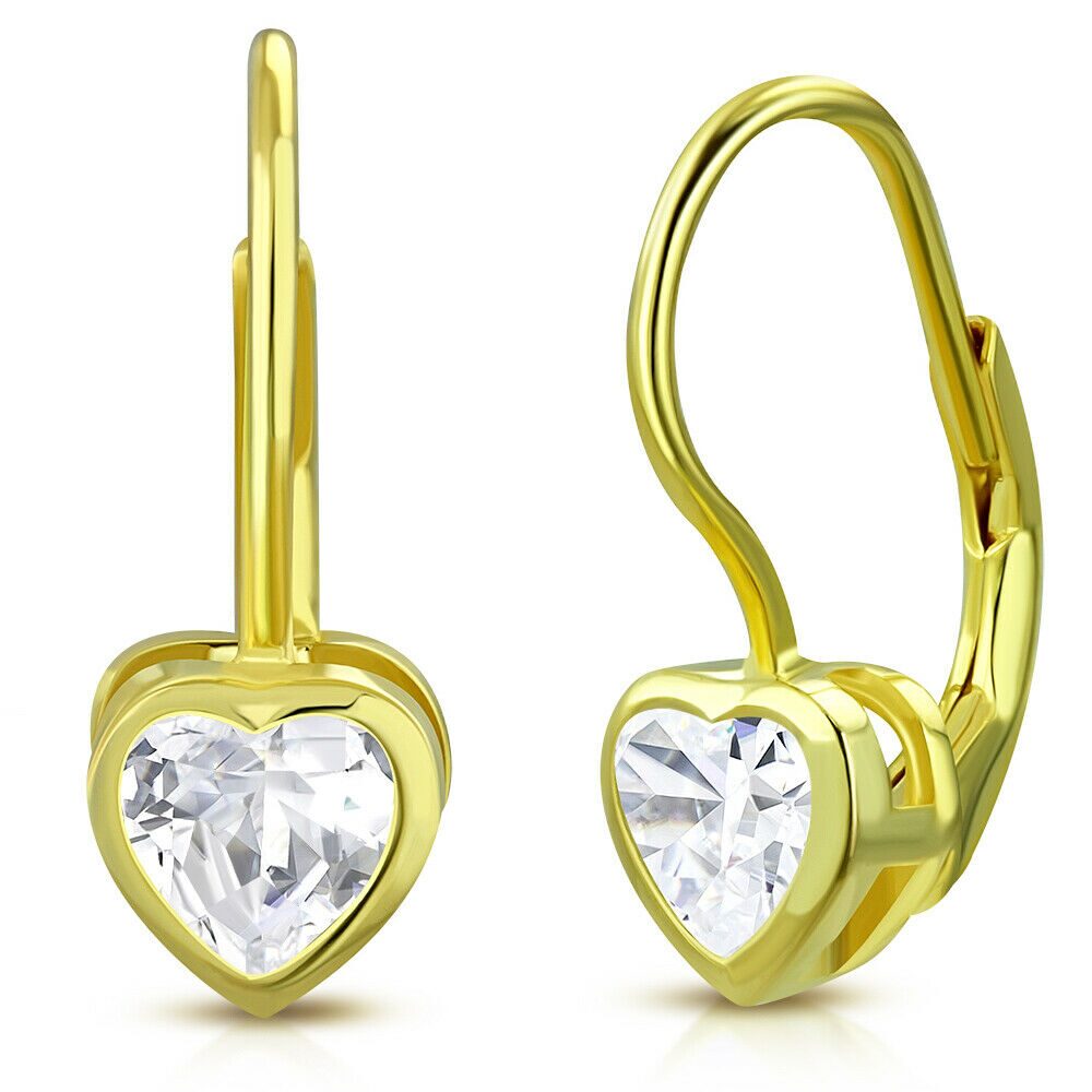 

925 Sterling Silver Yellow Gold-Tone Hoop Dangle Love Heart CZ Earrings 0 7