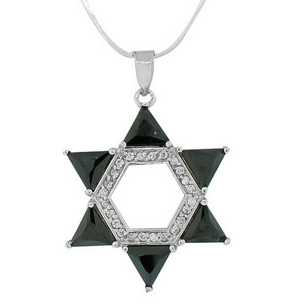 

925 Sterling Silver Jewish Large Star David Black White Pendant Necklace