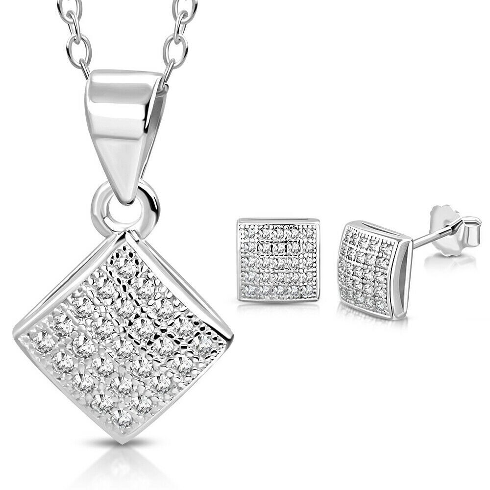 

925 Sterling Silver Square Small Pendant Necklace Stud Earrings Set 18