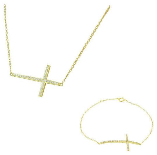 

925 Sterling Silver Gold-Tone Sideways Cross White CZ Necklace Bracelet Set