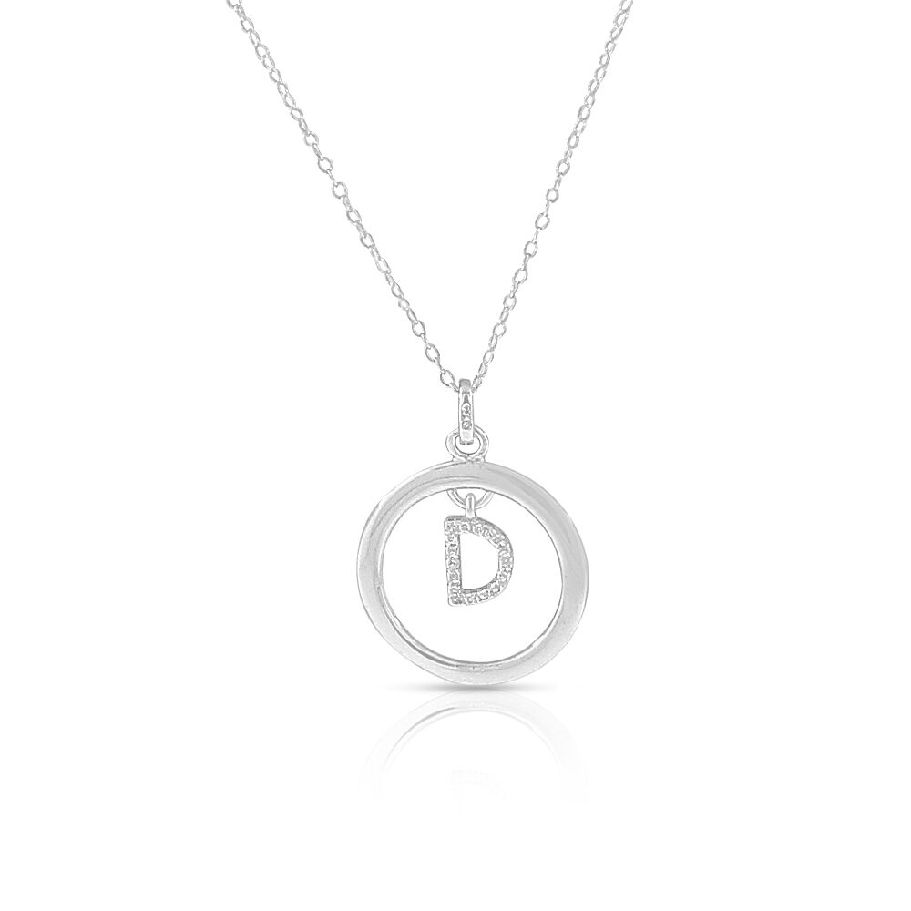 

925 Sterling Silver Clear CZ Circle Letter Initial Pendant Necklace 18 - D