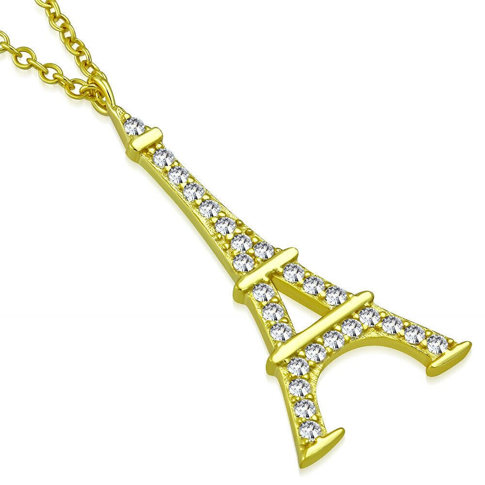 

925 Sterling Silver Yellow Gold-Tone French France Eiffel Tower Pendant Necklace