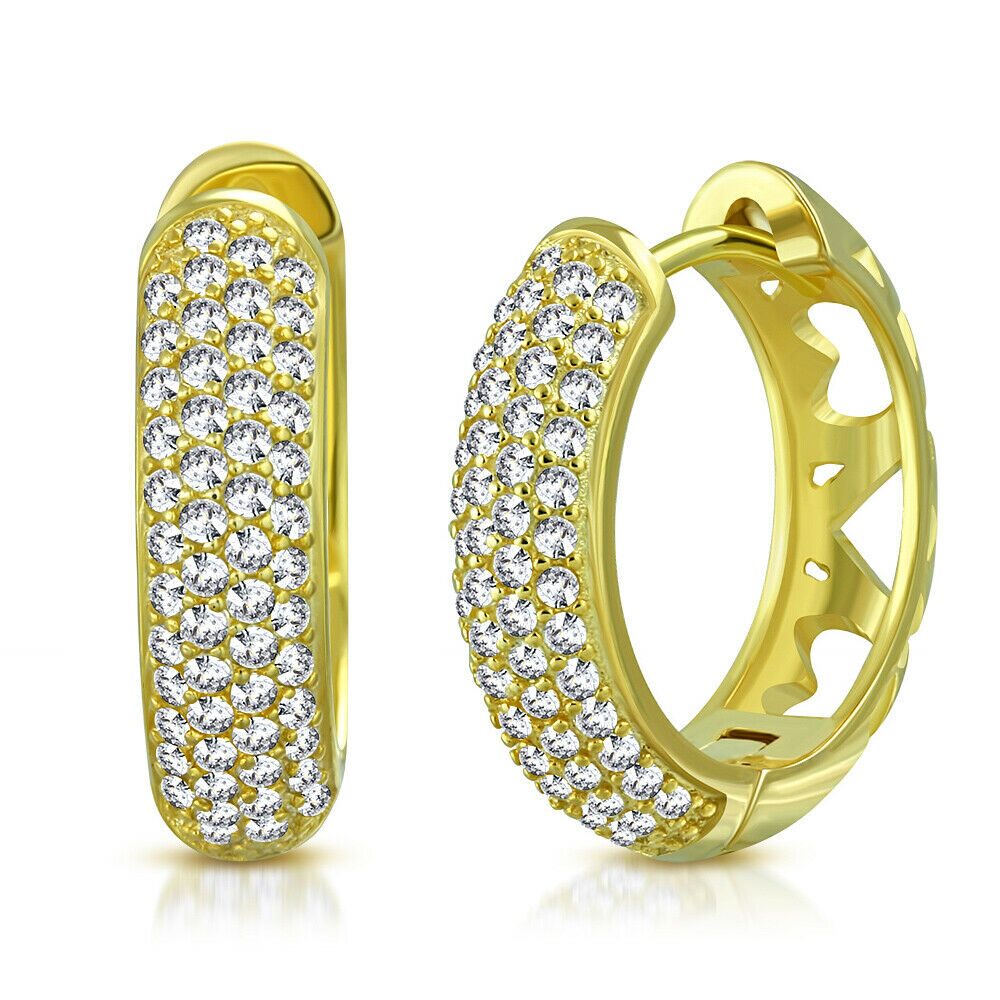

925 Sterling Silver Yellow Gold-Tone White Clear CZ Hoop Earrings 0 8