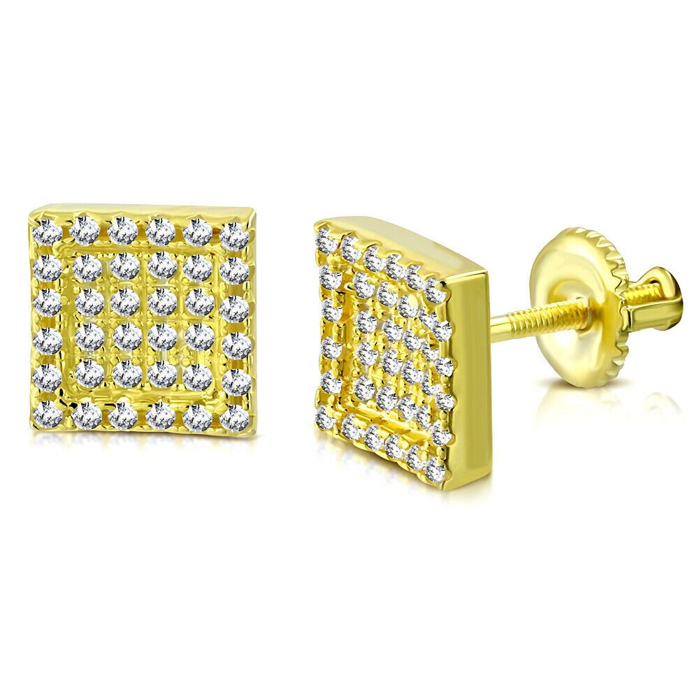

925 Sterling Silver Yellow Gold-Tone Square CZ Screw Back Stud Earrings