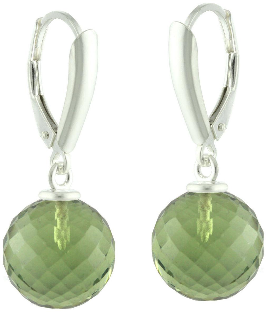 

925 Sterling Silver Natural Faceted Round Ball Green Quartz Leverback Earrings