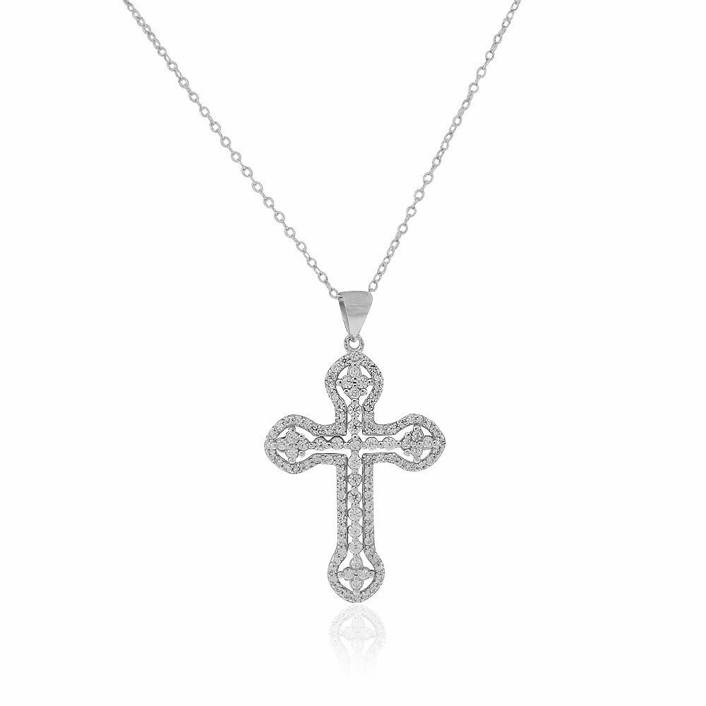 

925 Sterling Silver White Clear CZ Religious Cross Pendant Necklace 18