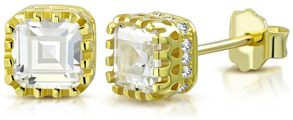 

925 Sterling Silver Yellow Gold-Tone Clear White CZ Square Stud Earrings 0 25