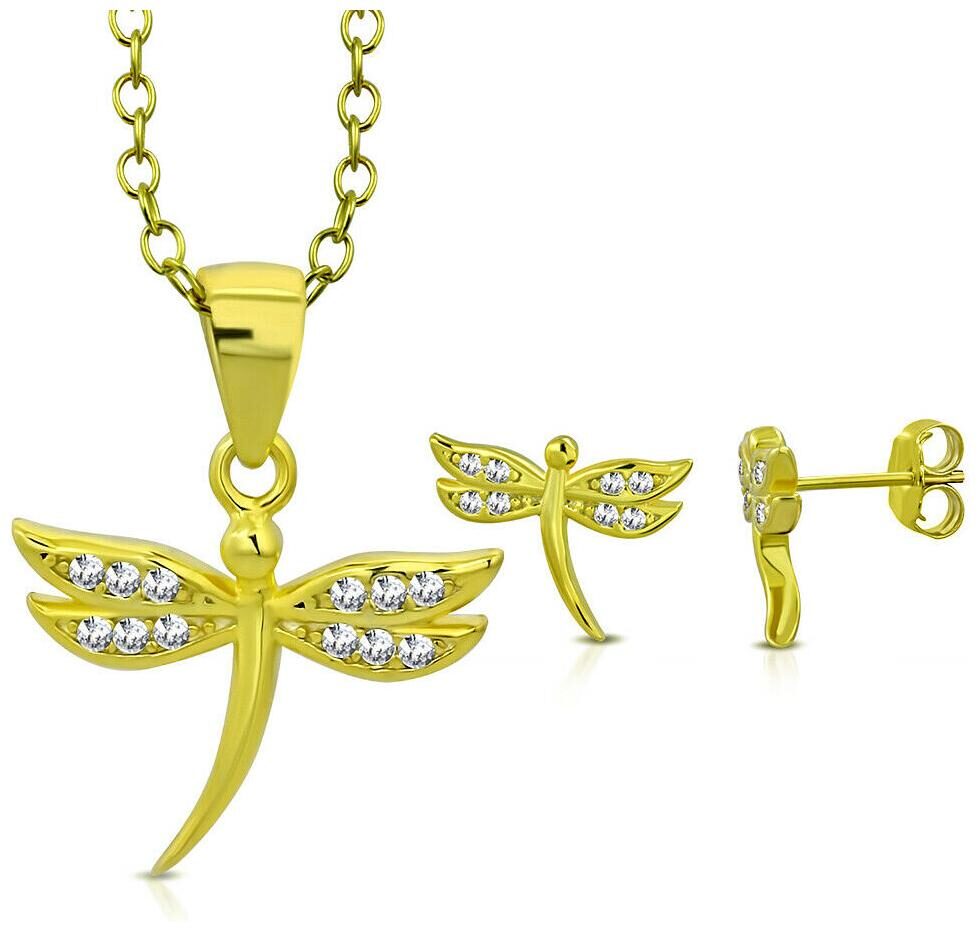 

925 Sterling Silver Yellow Gold-Tone CZ Dragonfly Pendant Earrings Set 18
