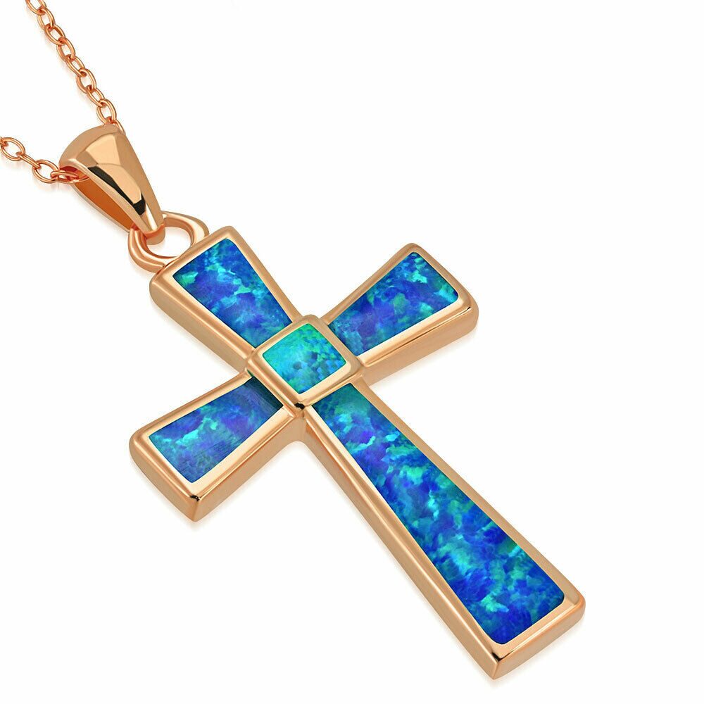 

925 Sterling Silver Gold-Tone Simulated Blue Opal Cross Pendant Necklace