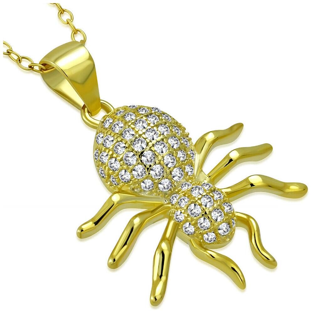 

925 Sterling Silver Yellow Gold-Tone CZ Spider Insect Pendant Necklace 18