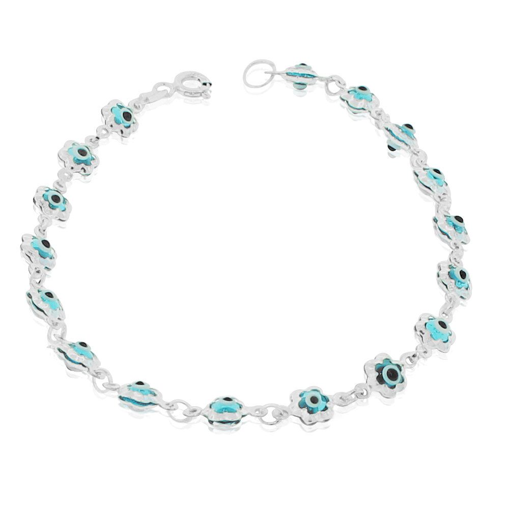 

925 Sterling Silver Blue Evil Eye Flower Protection Link Chain Bracelet