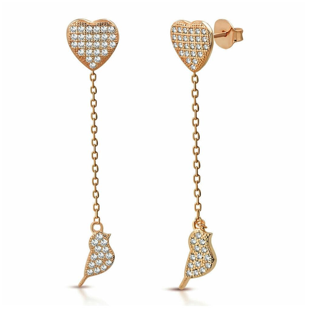 

925 Sterling Silver Gold-Tone CZ Heart Bird Lovebird Dangle Drop Earrings 1 85