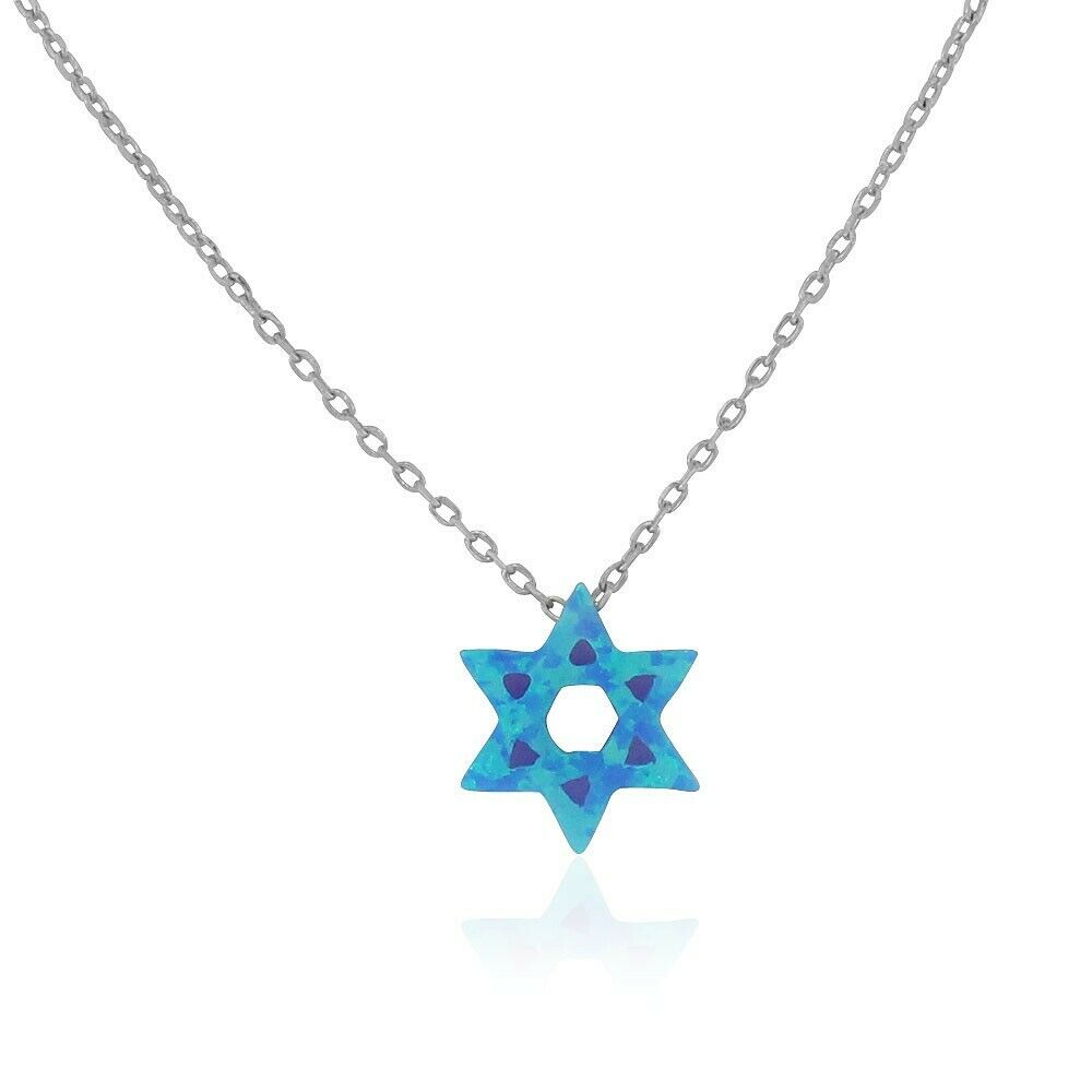

925 Sterling Silver Simulated Blue Opal Jewish Star David Pendant Necklace 18