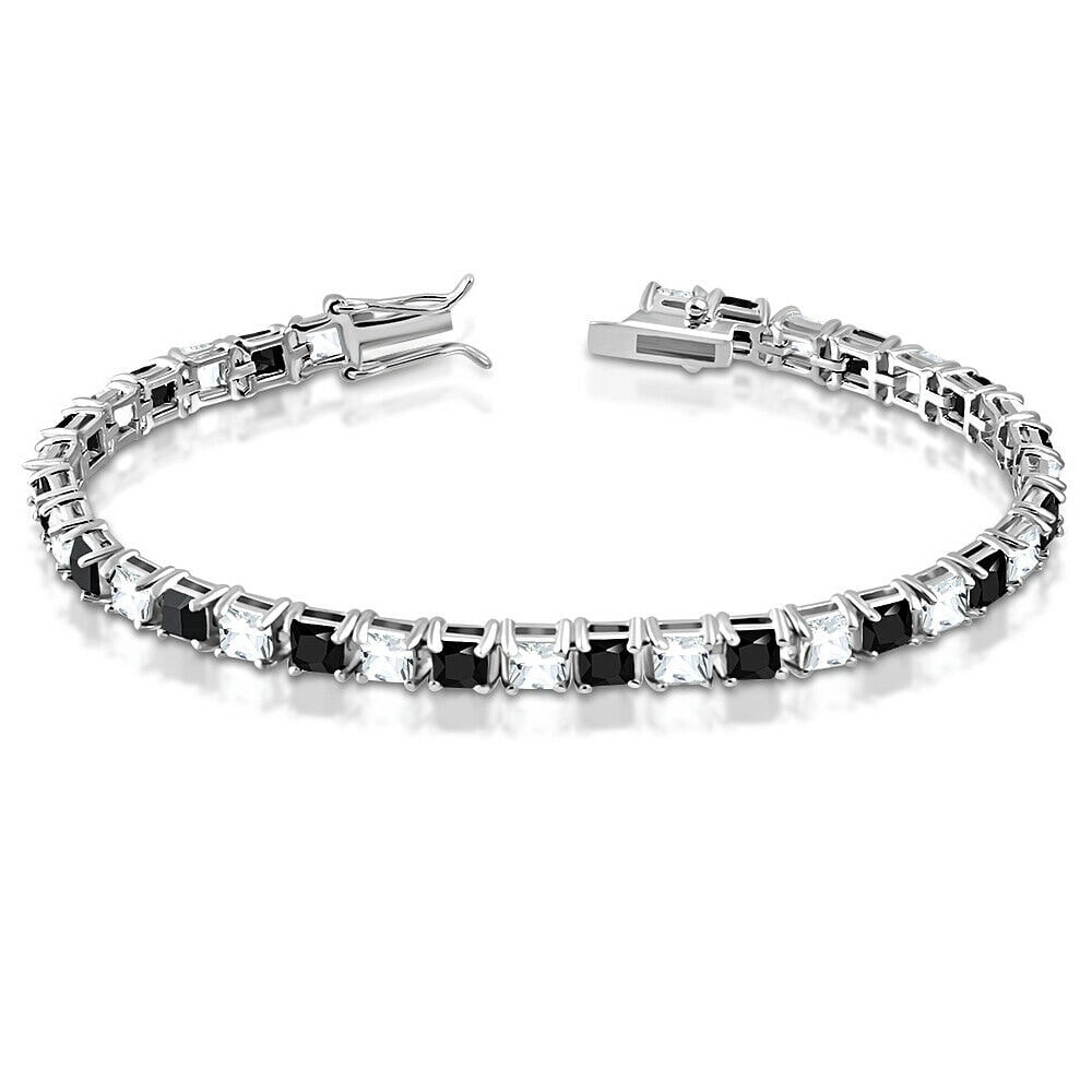 

925 Sterling Silver White Clear Black Square CZ Tennis Bracelet 7