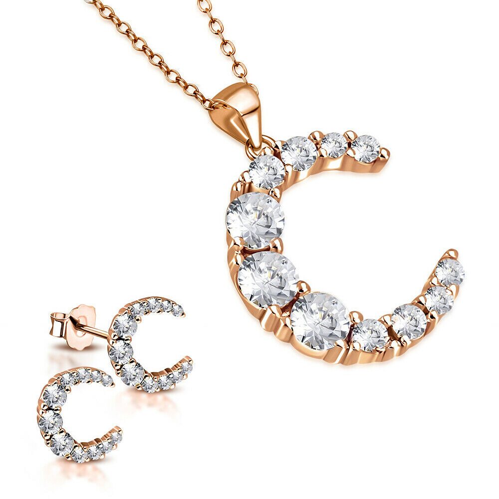 

925 Sterling Silver Gold-Tone Clear CZ Moon Pendant Stud Earrings Set