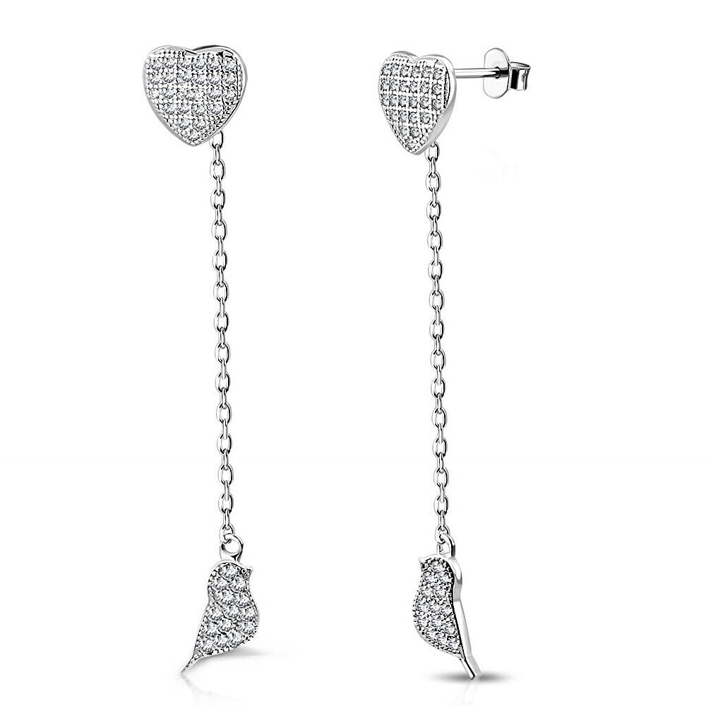 

925 Sterling Silver Gold-Tone CZ Heart Bird Lovebird Dangle Drop Earrings 1 85