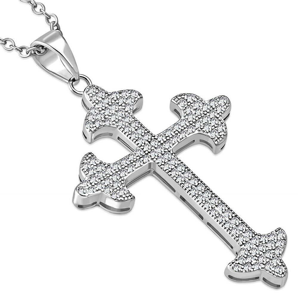 

925 Sterling Silver Clear CZ Religious Cross Pendant Necklace 18
