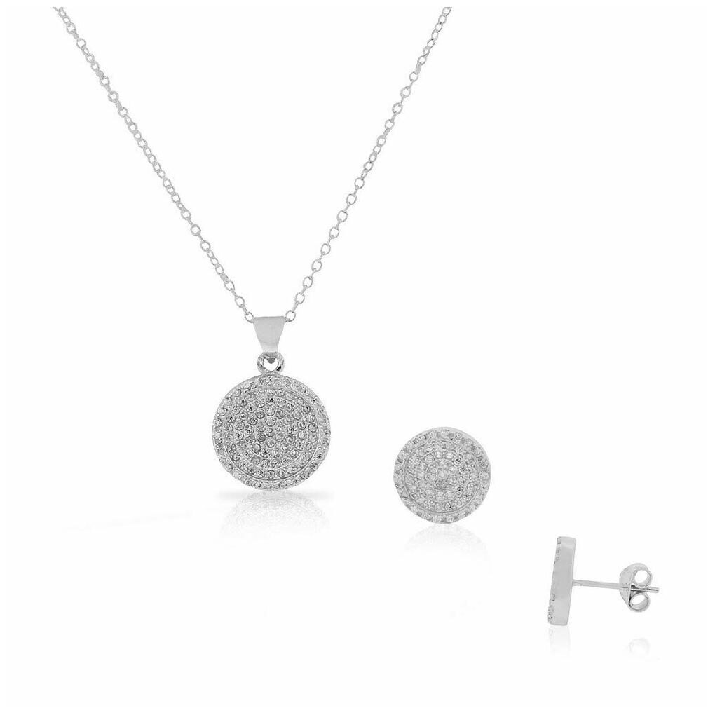 

925 Sterling Silver White Clear CZ Round Stud Earrings Pendant Necklace Set