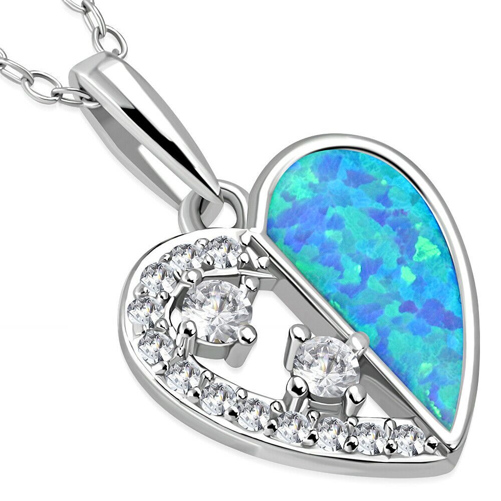 

925 Sterling Silver CZ Simulated Blue Opal Love Heart Pendant Stud Earrings Set