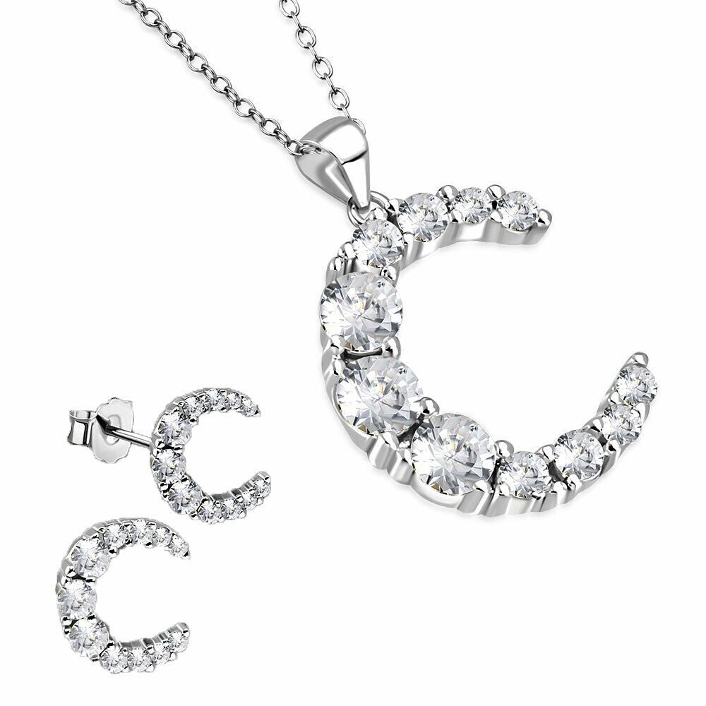 

925 Sterling Silver Gold-Tone Clear CZ Moon Pendant Stud Earrings Set