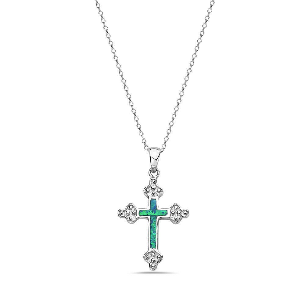 

925 Sterling Silver Simulated Opal Religious Cross Pendant Necklace 18