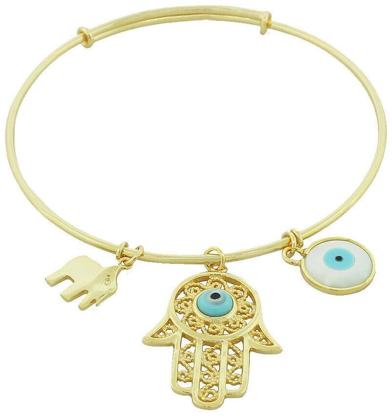 

925 Sterling Silver Gold-Tone Hamsa Evil Eye Elephant Charm Bangle Bracelet