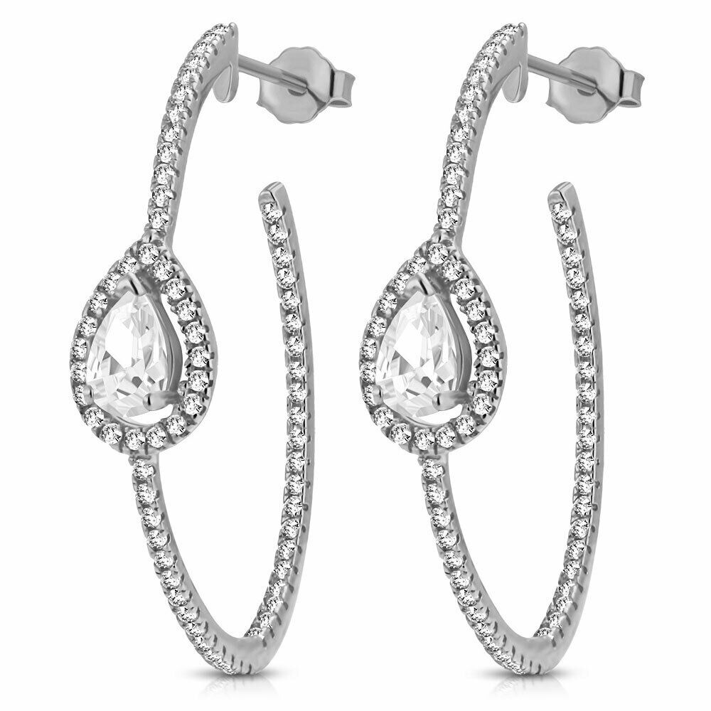 

925 Sterling Silver White Clear Teardrop CZ Half-Hoop Oval Earrings 1 20