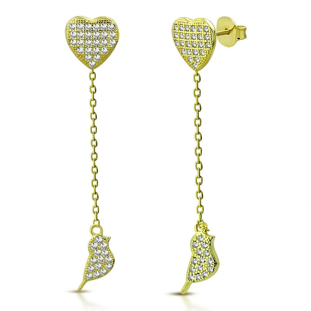 

925 Sterling Silver Gold-Tone CZ Heart Bird Lovebird Dangle Drop Earrings 1 85
