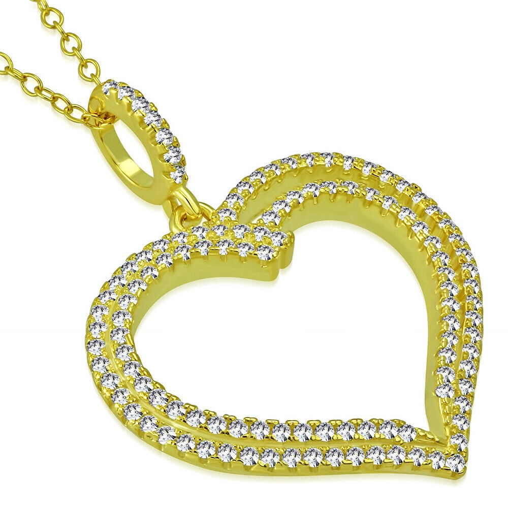 

925 Sterling Silver White Clear CZ Yellow Gold-Tone Love Heart Pendant Necklace