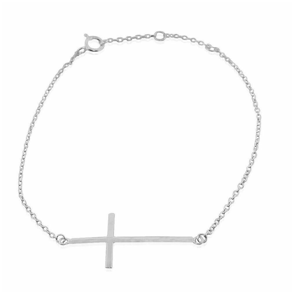 

925 Sterling Silver Sideways Religious Cross Link Chain Bracelet