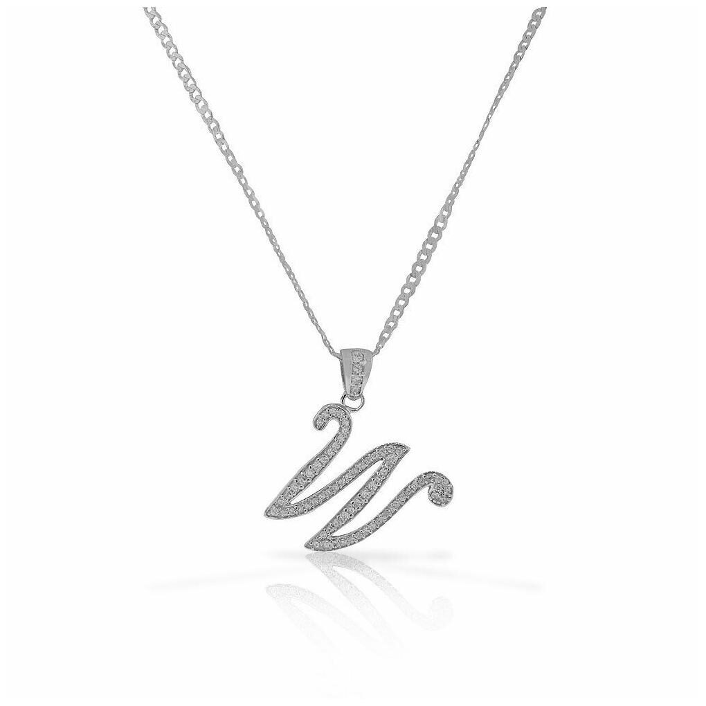 

925 Sterling Silver CZ Letter Initial W Pendant Necklace - W