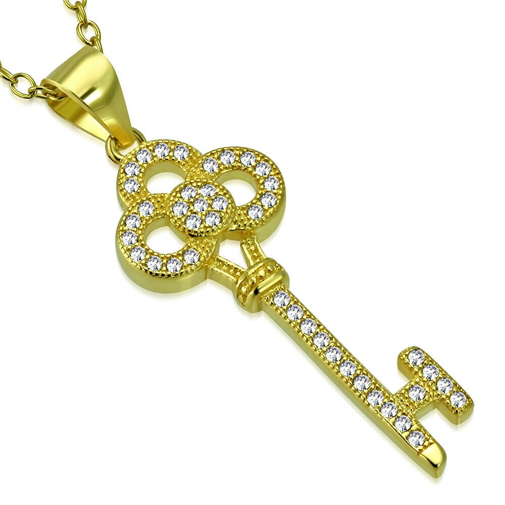 

925 Sterling Silver Yellow Gold-Tone White Clear CZ Key Pendant Necklace 18