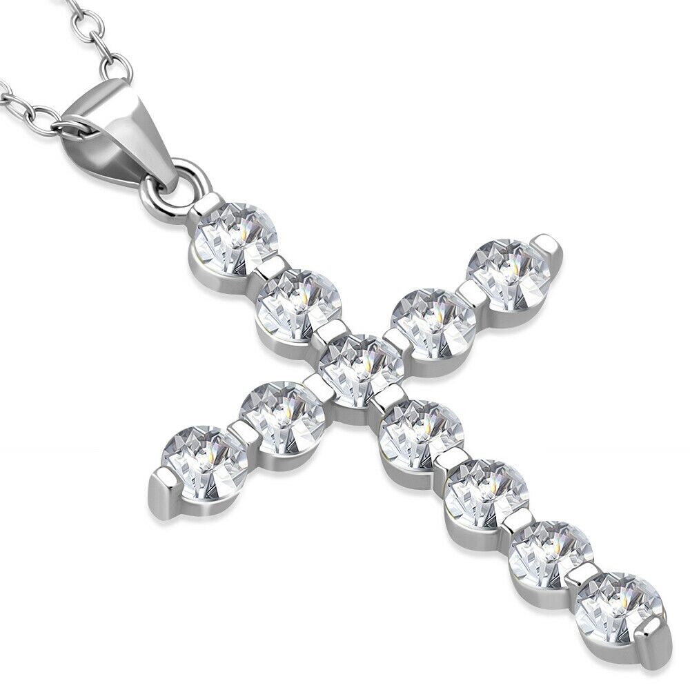 

925 Sterling Silver Silver-Tone Round CZ Cross Religious Pendant Necklace 18
