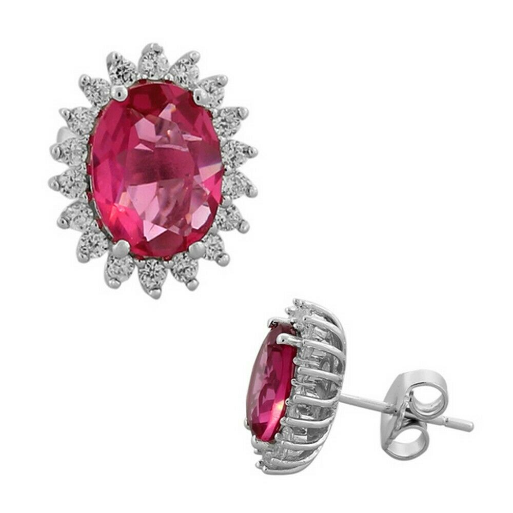 

925 Sterling Silver Purple White Crystals CZ Oval Womens Stud Earrings