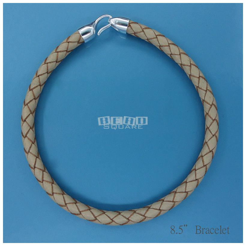 

925 Sterling Silver 5mm Round Braided Genuine Leather Cord Necklace Bracelet