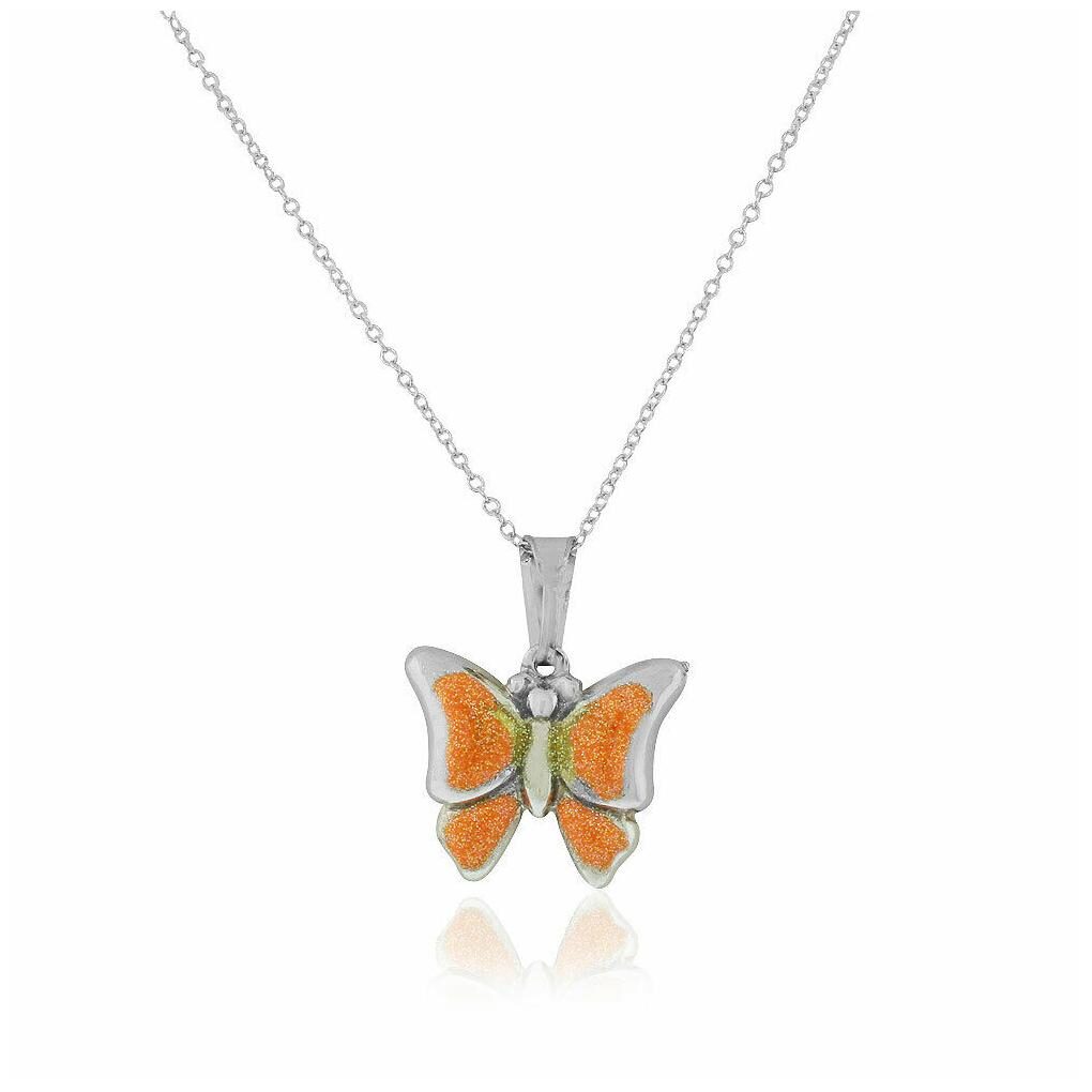 

925 Sterling Silver 3D Blue Enamel Glitter Butterfly Charm Pendant Necklace