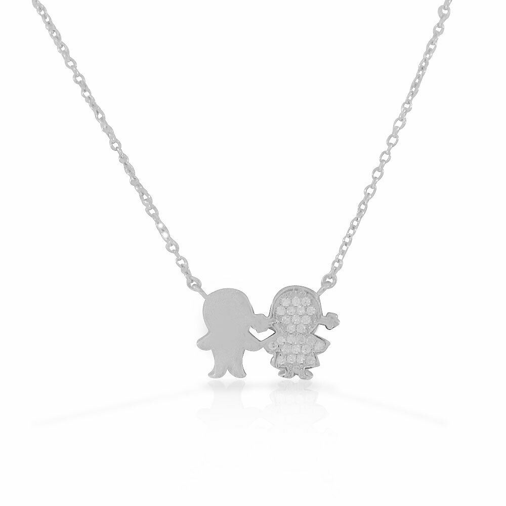 

925 Sterling Silver CZ Boy Girl Twins Children Kids Pendant Necklace