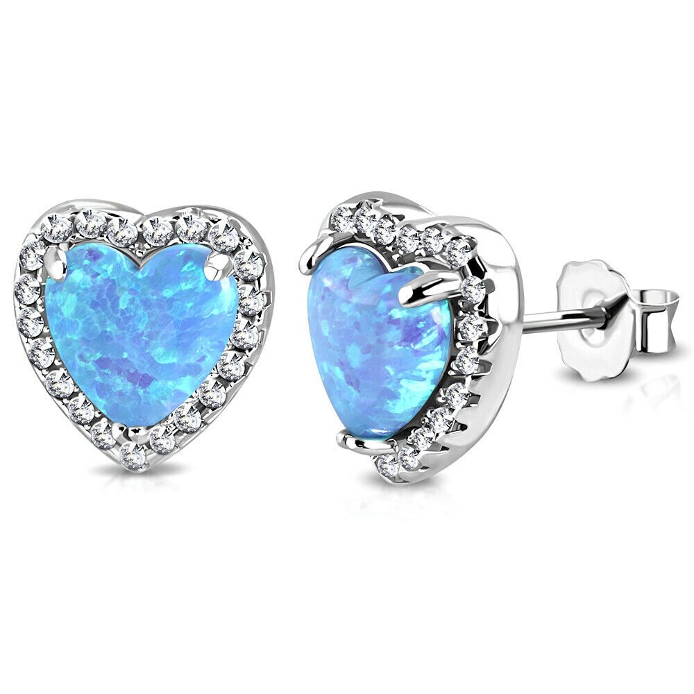 

925 Sterling Silver Gold-Tone CZ Simulated Blue Opal Heart Stud Earrings 0 40